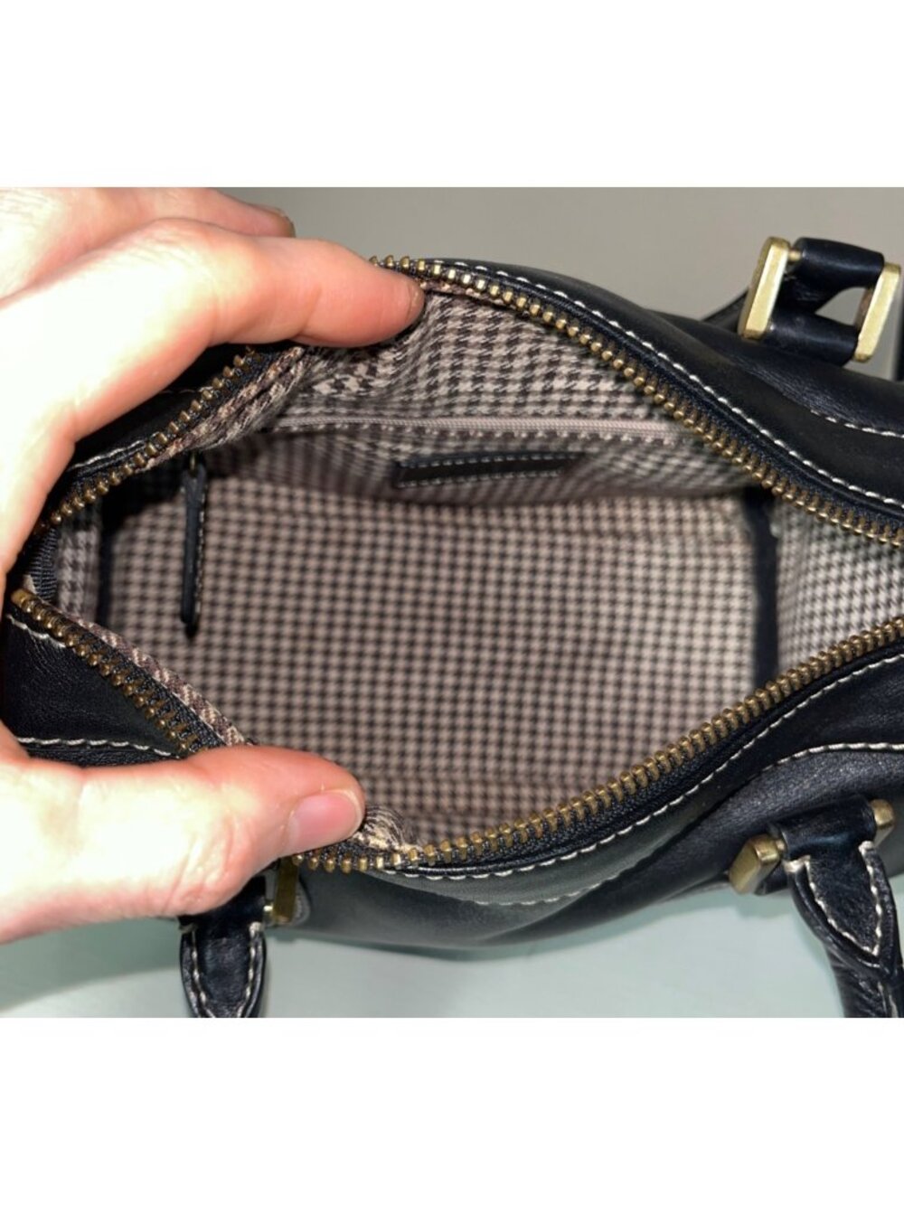 J Crew Leather Black Satchel Small 8.5x5 Top Handles Structured Roomy Bag Purse - Picture 12 of 16